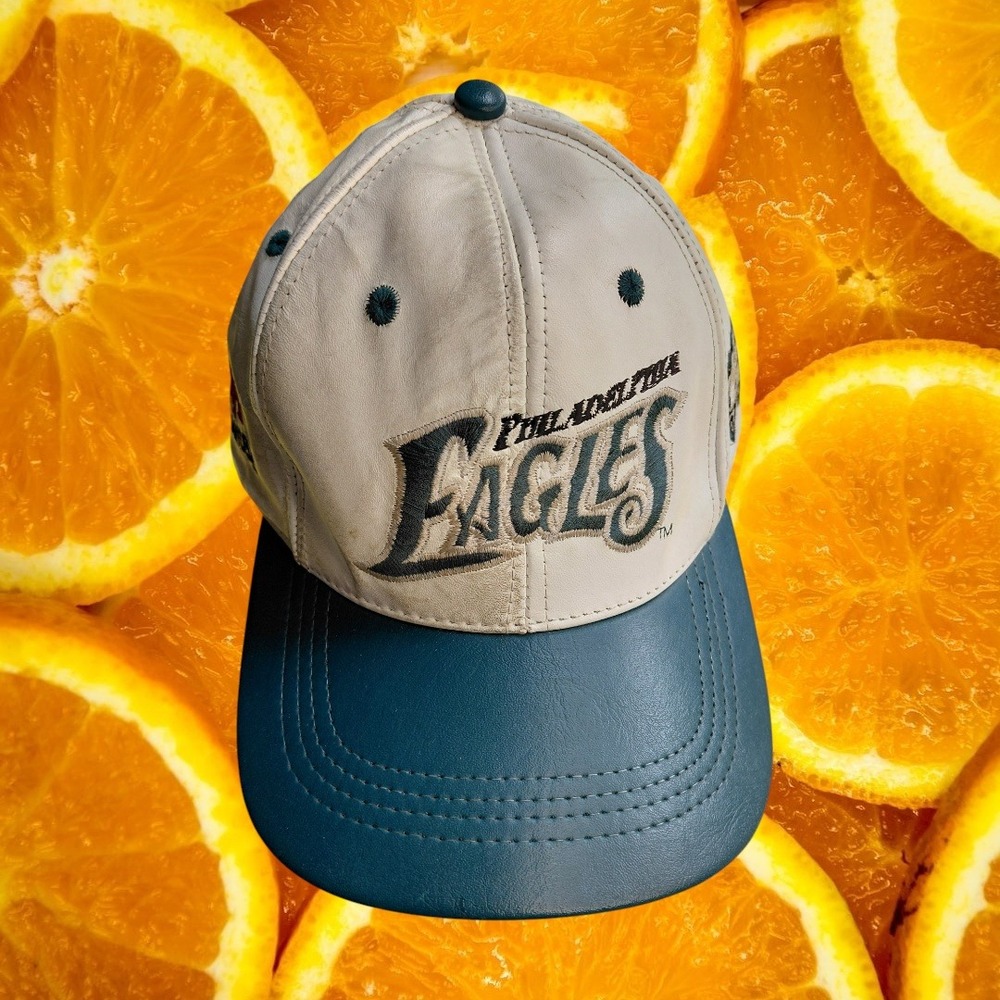 Vintage Philadelphia Eagles Leather Snapback Hat NFL Branded Modern Cream Teal